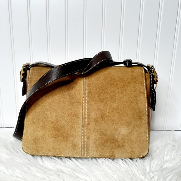 COACH Tan Suede and Leather Flap Crossbody Bag